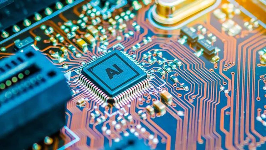 نمای مدار PCB با نورهای دیجیتالی و خطوط AI